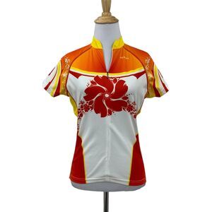 Primal Cycling Jersey Womens S Small Orange Yellow Hawaiian Floral Short Sleeve